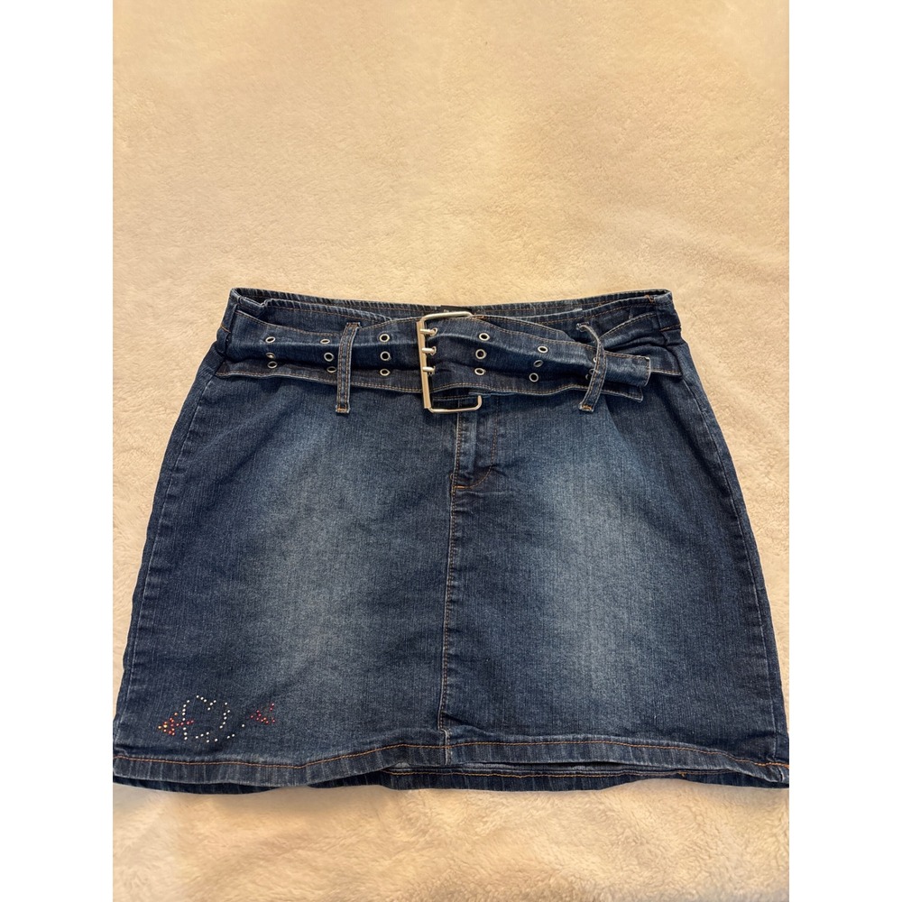 Zoey Beth Denim Mini Skirt Dark Wash Rhinestone Heart Belted Y2K Size L